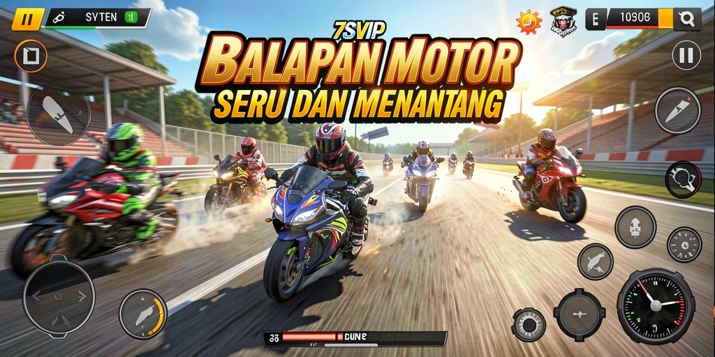 Screenshot gameplay 7SVIP yang menunjukkan balapan motor yang mendebarkan.