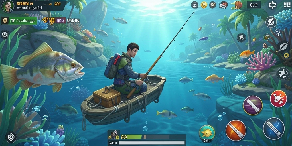 Screenshot gameplay 9N9N yang menunjukkan aksi memancing seru.