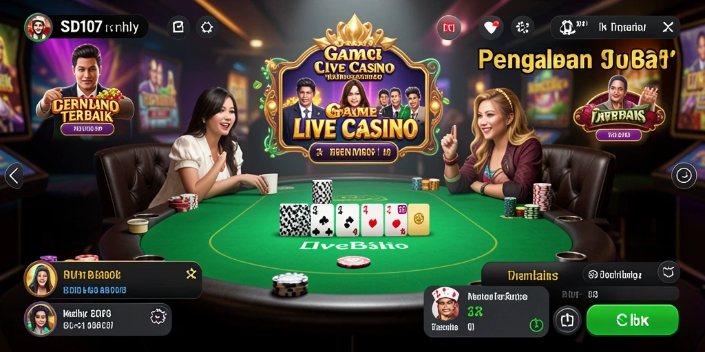 Gameplay SD107 Live Casino dengan dealer dan suasana kasino hidup.