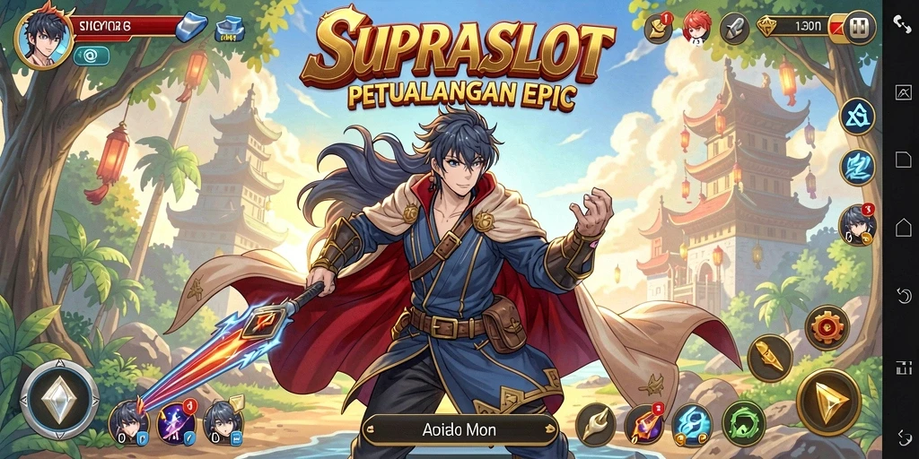 Screenshot utama SUPRASLOT menampilkan aksi mendebarkan dalam gaya Anime.