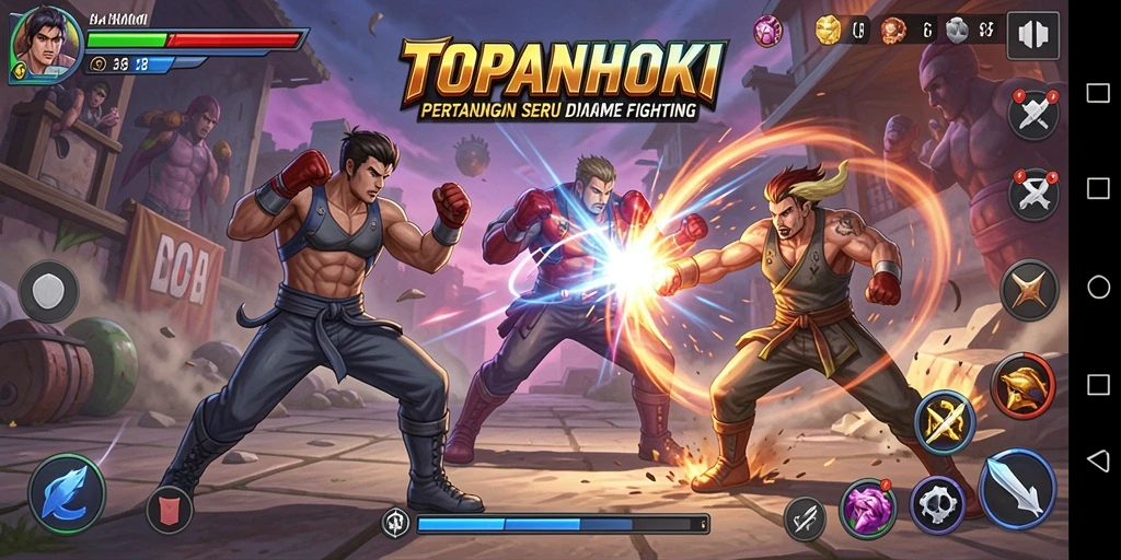 Screenshot gameplay TOPANHOKI menampilkan aksi pertarungan yang intens.